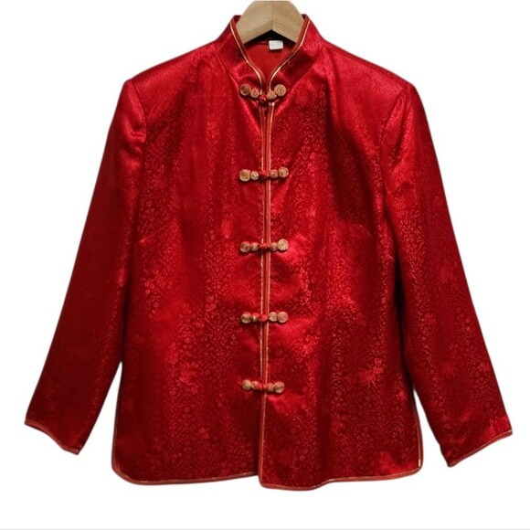 Jiecheng Industry Jackets & Blazers - Chinese Womens Tang Jacket Red Gold Floral Satin Knot Asian Party Wedding Sz L